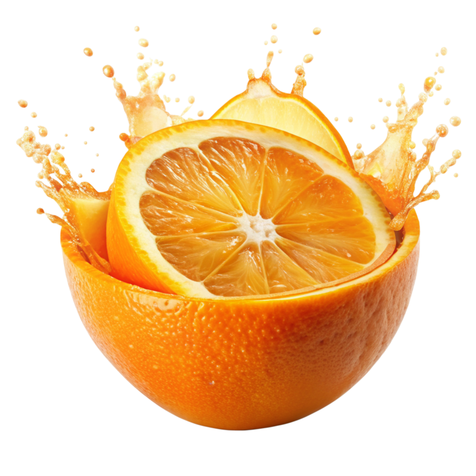Refreshing Orange Juice Splash with Lemon Slice and Vibrant Citrus Burst png