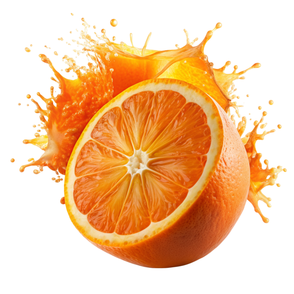 A Juicy Orange Sliced in Half with Splashing Orange png