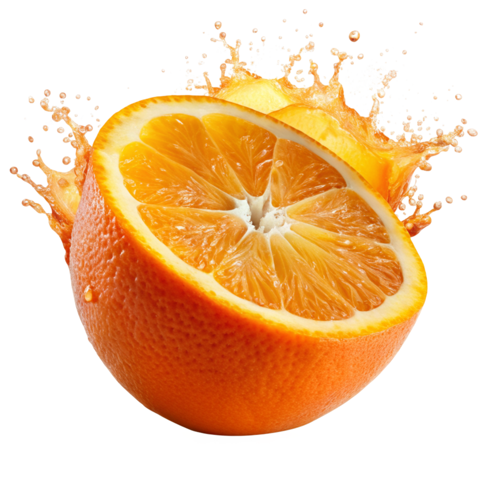 A juicy orange half with splashing orange juice, a vibrant and refreshing image png