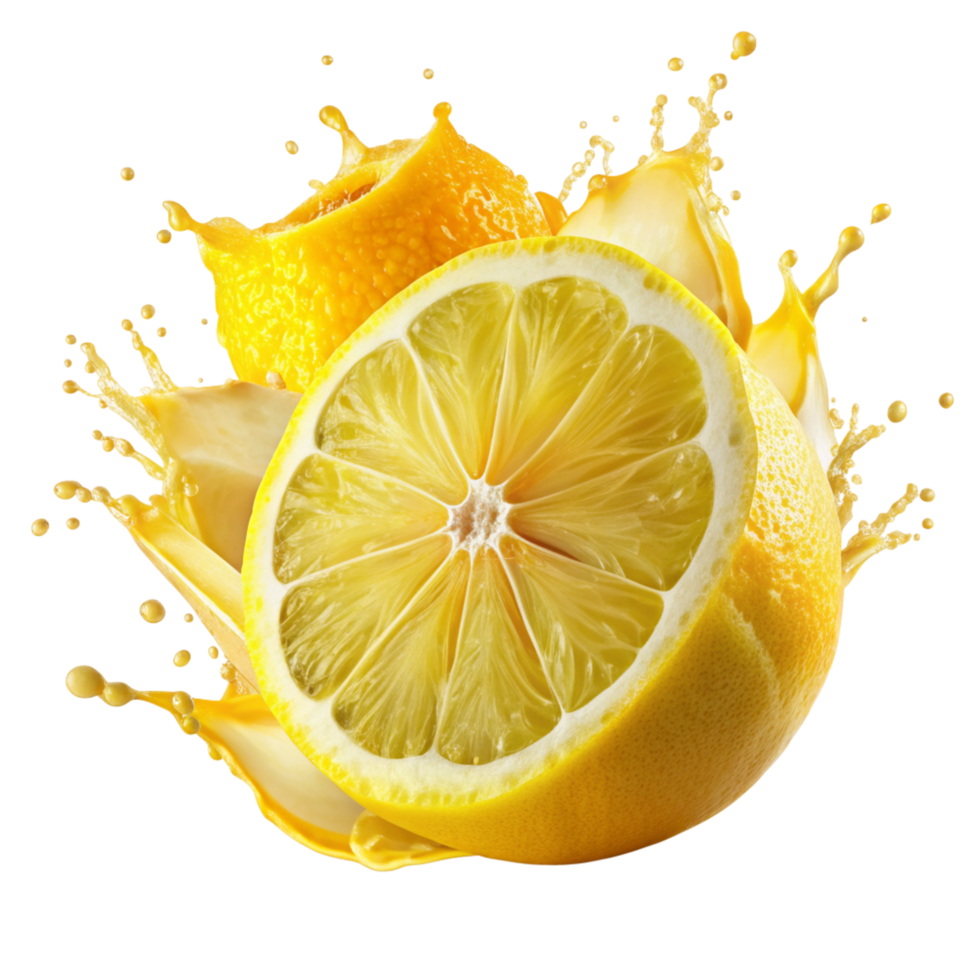 Refreshing Lemon Juice Splash with Slices and Zest a vibrant image of a lemon cut in half with juice splashing png