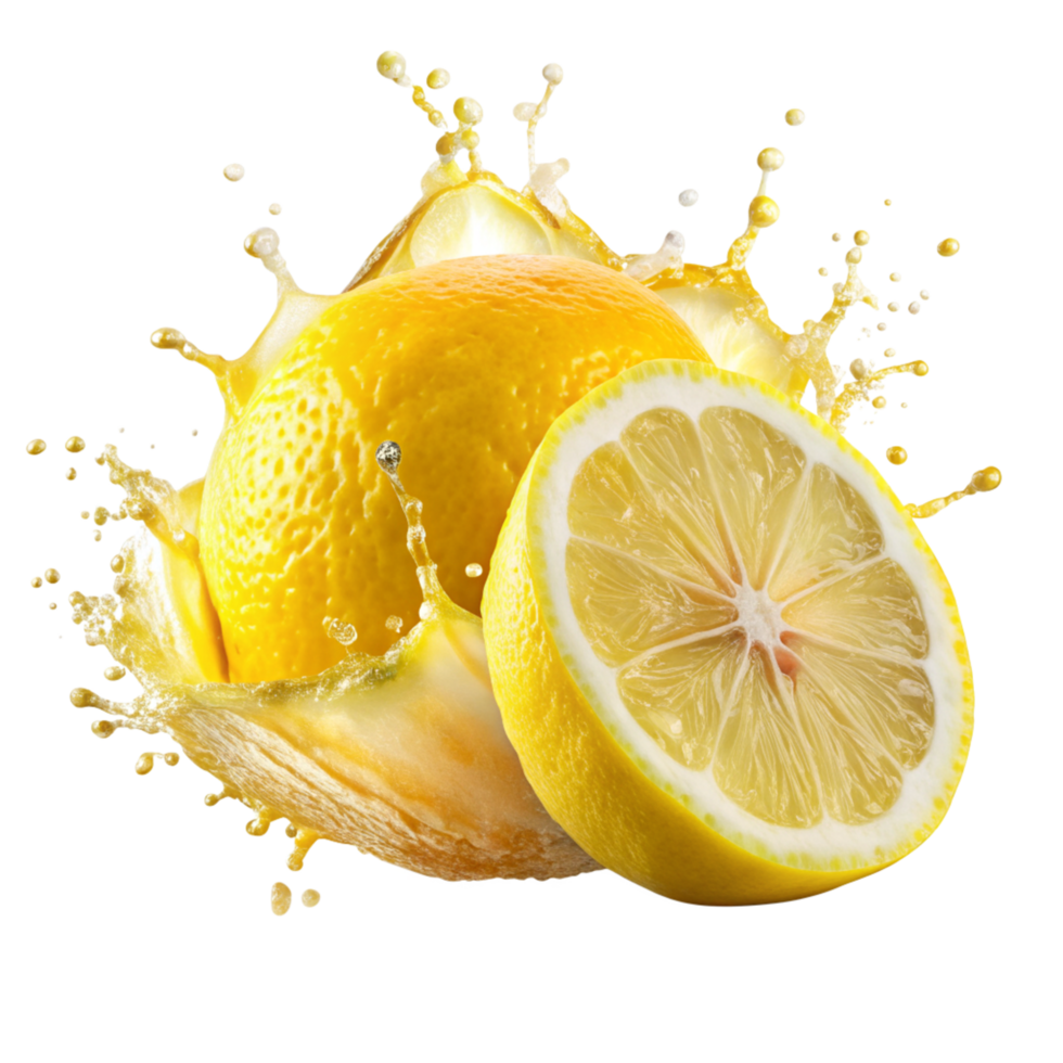 A vibrant image of a whole lemon and a lemon half with splashing juice, showcasing the citrus fruit's juicy and refreshing nature png