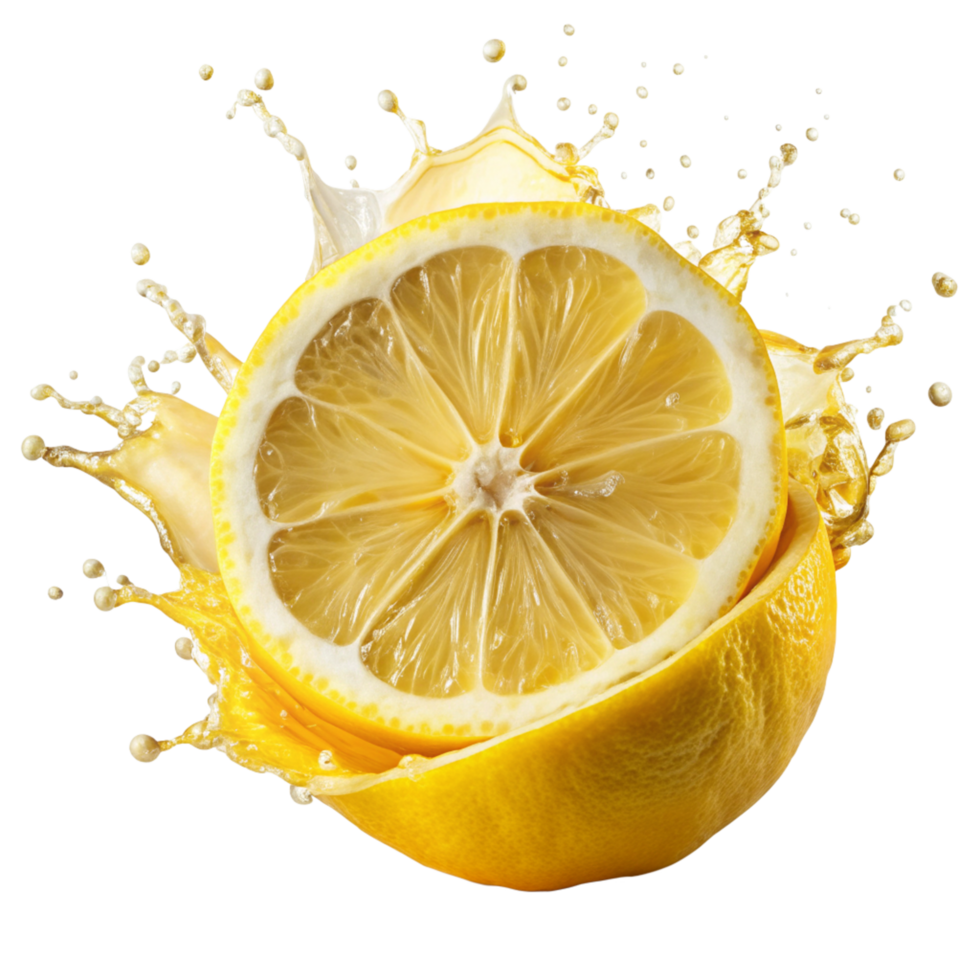 A Sliced Lemon with Splashing Juice on Black Background A Vibrant Image of Freshness and Zest png