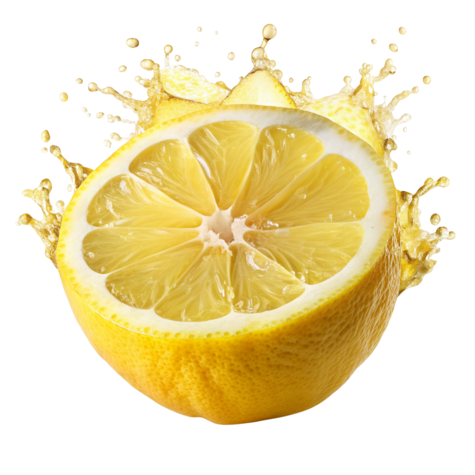 A Sliced Lemon with Splashing Juice, Fresh Citrus Fruit, Vibrant Yellow Color, Healthy Vitamin C png