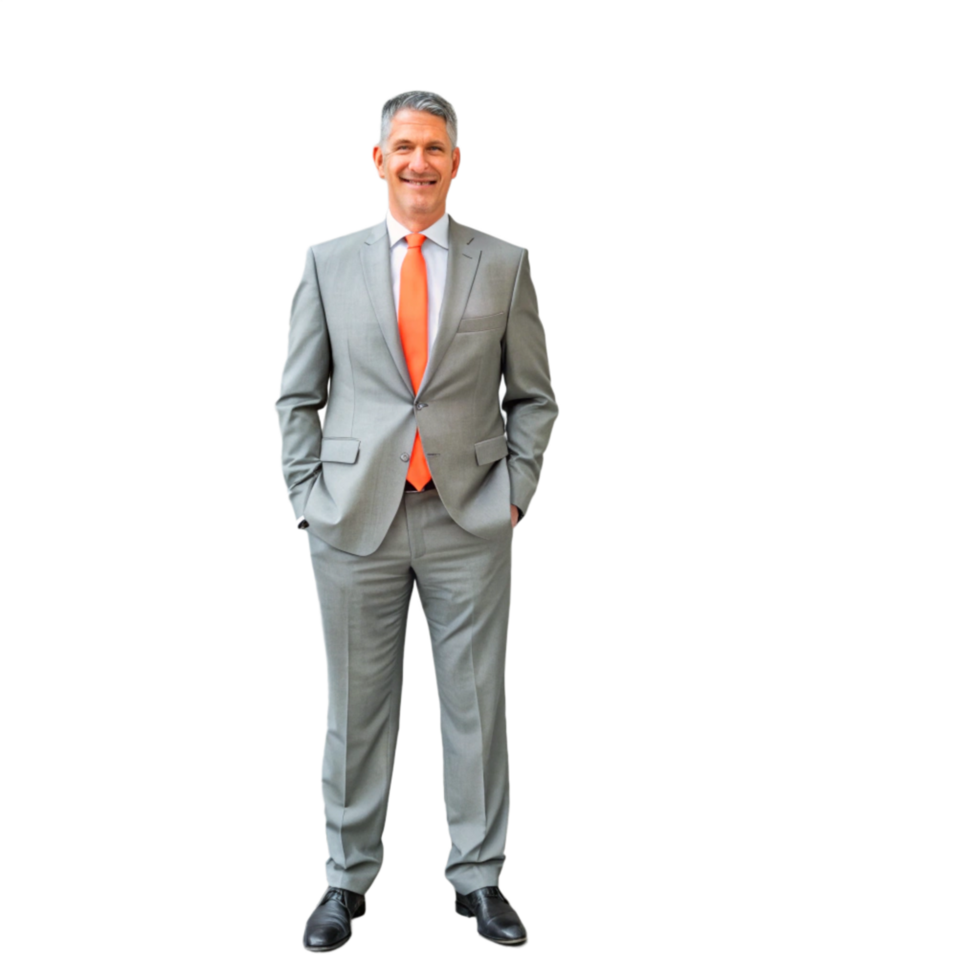 Portrait of a successful businessman in a light grey suit and orange tie png
