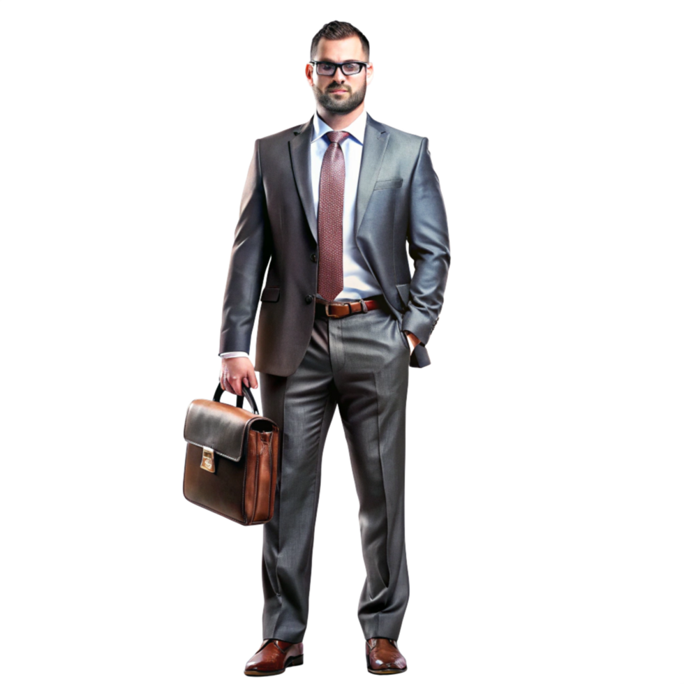Portrait of a Confident Businessman in a Grey Suit Holding a Briefcase png