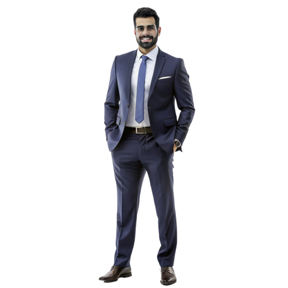 Confident businessman in a navy blue suit posing for a professional portrait png