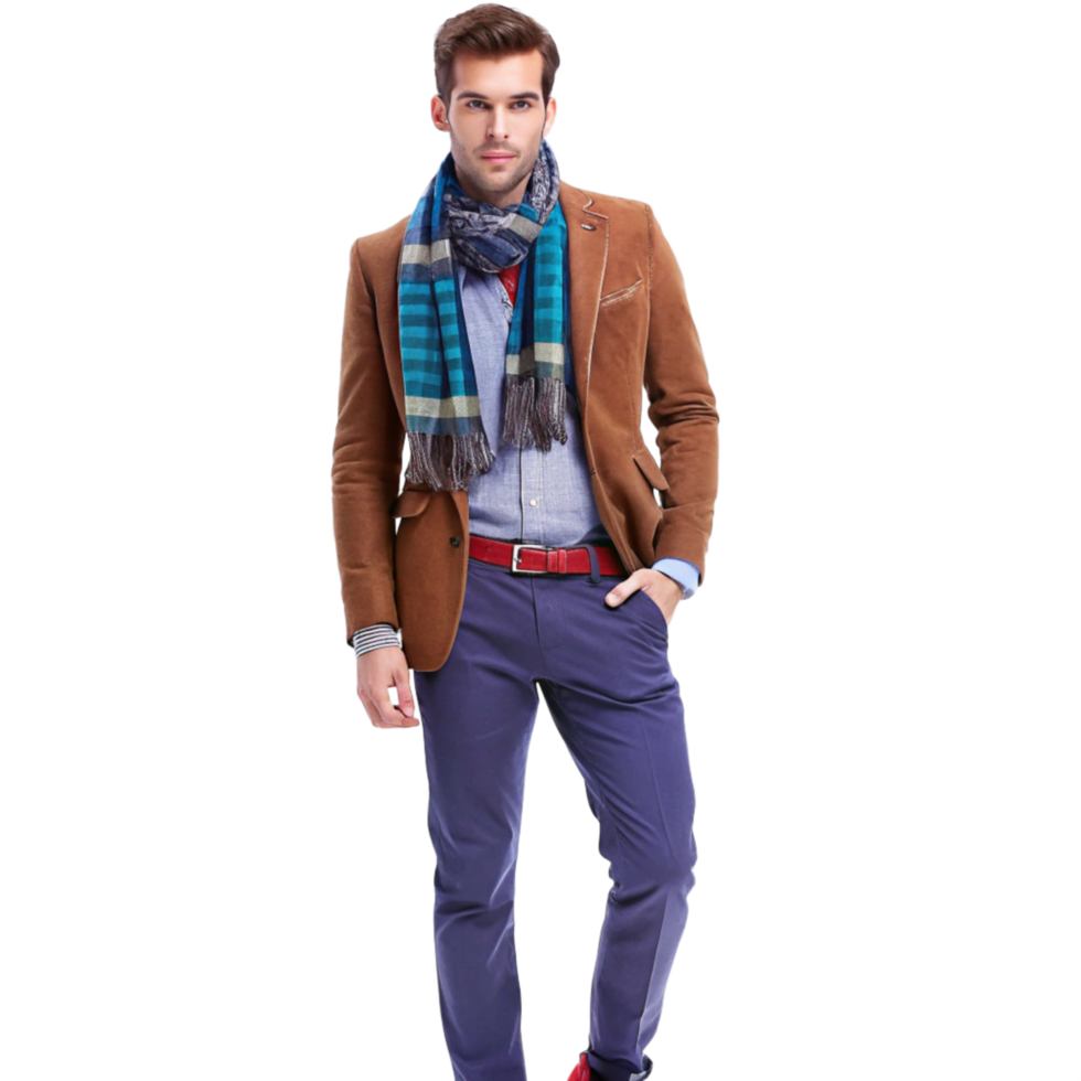 A stylish young man in a brown suede jacket, blue pants, and a teal patterned scarf png