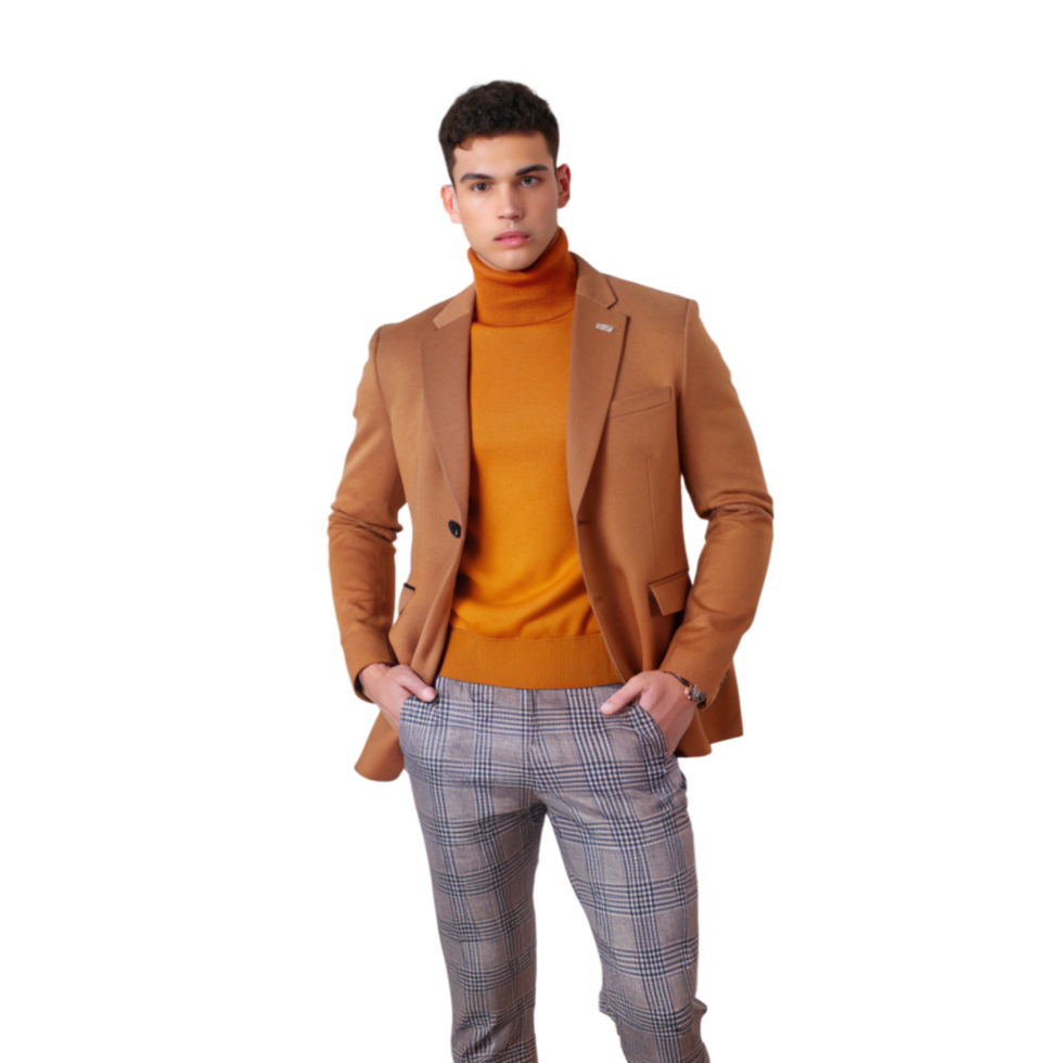 Stylish Man in Camel Blazer Brown Turtleneck and Grey Plaid Pants png