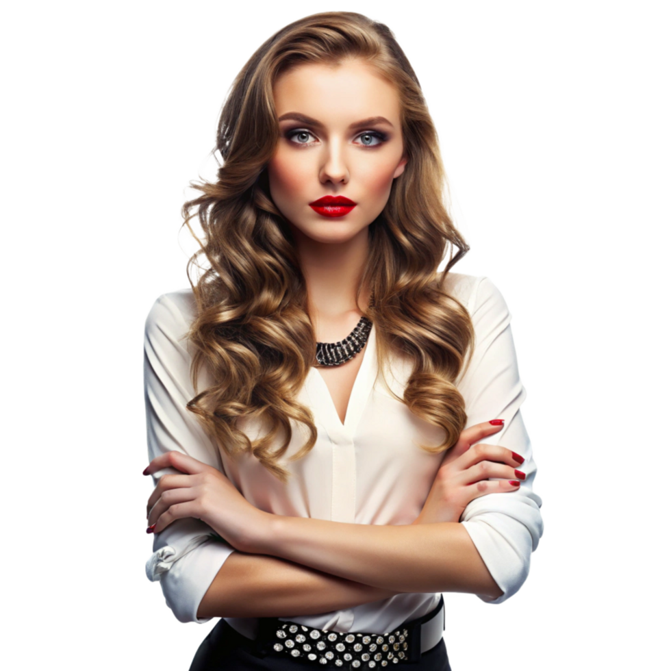 Stunning Woman with Long Curly Brown Hair Wearing a White Blouse and Stylish Accessories png