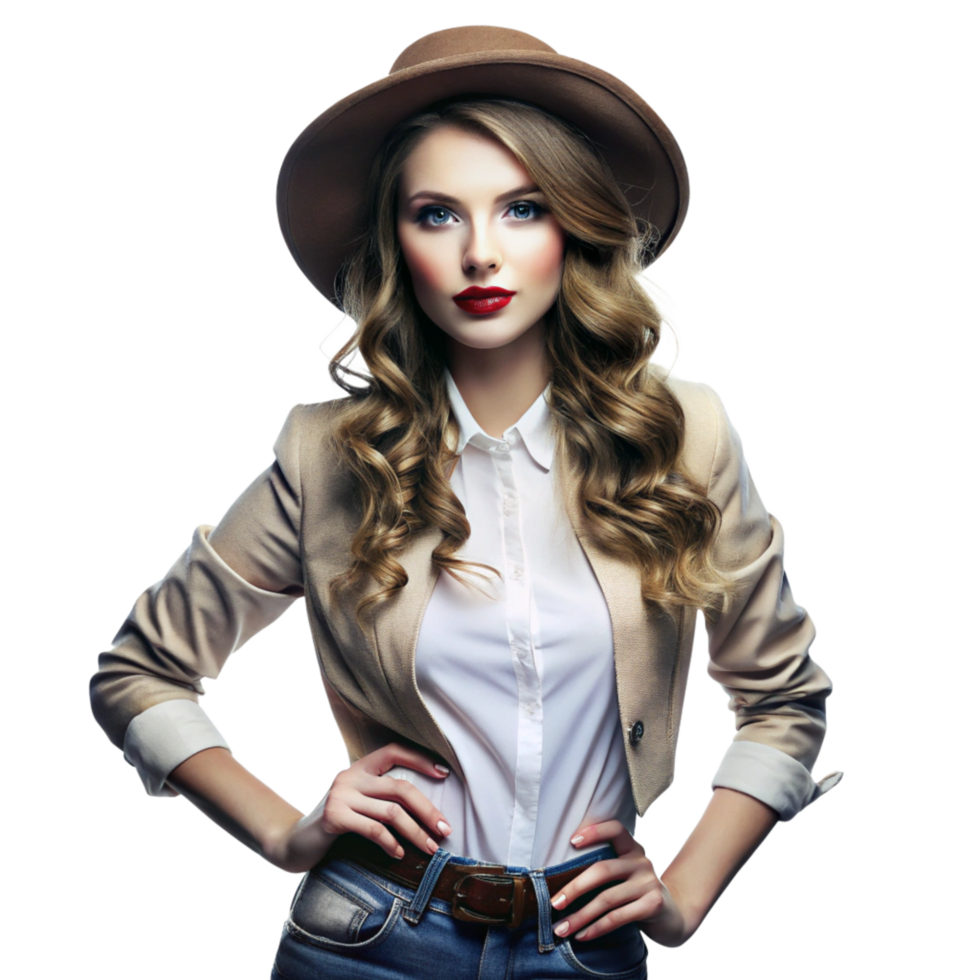Stunning Blonde Woman in Beige Blazer and Brown Hat Fashion Model png