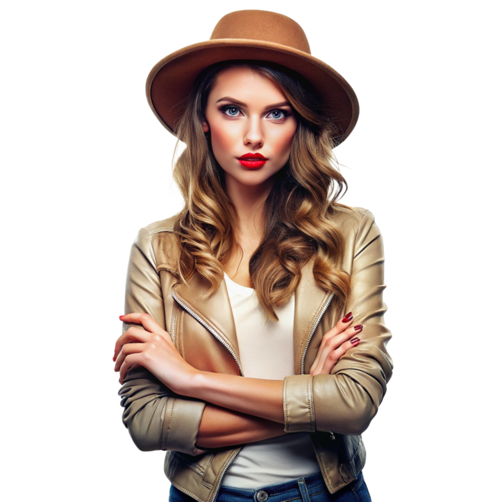 Stunning Fashion Model with Long Curly Hair Wearing a Brown Hat and Beige Leather Jacket png
