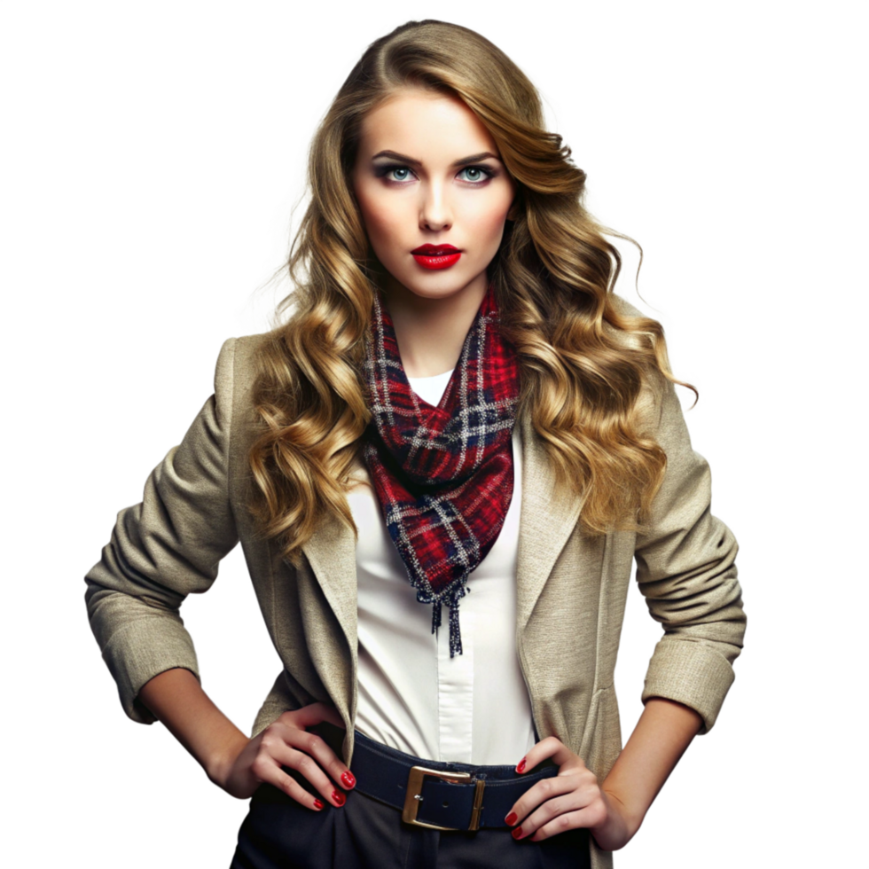 Stunning Blonde Woman in Beige Blazer and Red Plaid Scarf Fashion Portrait png