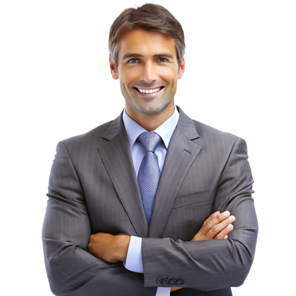 Portrait of a successful and confident businessman in a gray pinstripe suit png