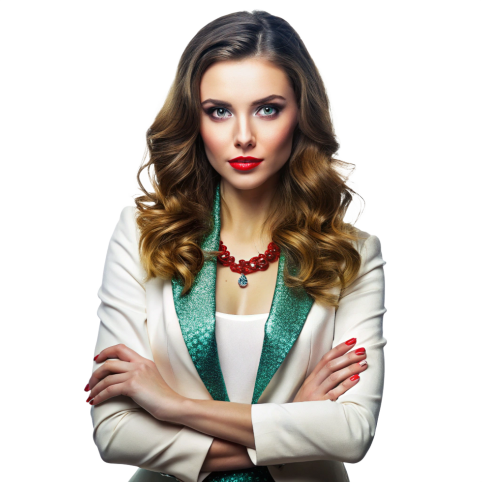 Stunning Woman with Long Curly Hair in an Elegant White Blazer and Green Sequined Lapel png
