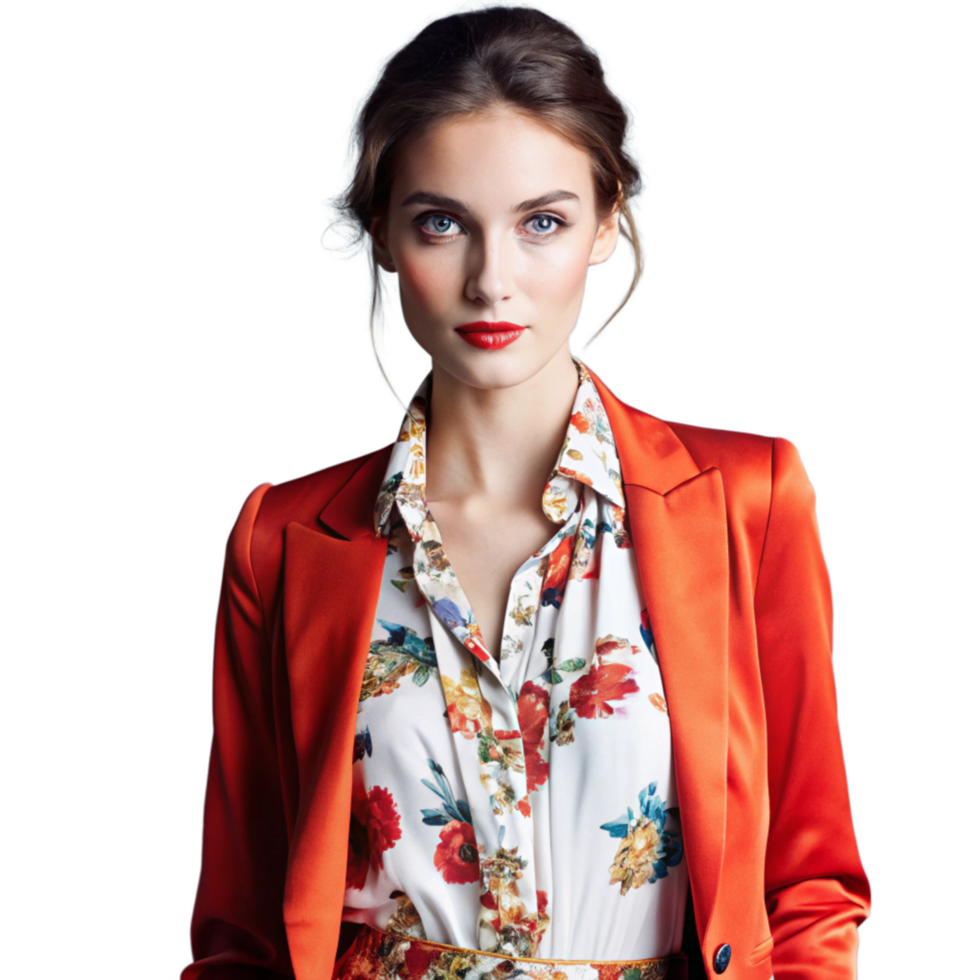 Stunning Woman in Red Blazer and Floral Shirt Portrait png