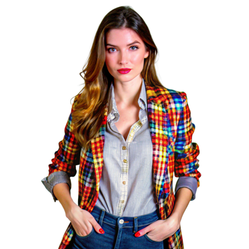 Stunning Woman in Vibrant Plaid Blazer and Blue Jeans Fashion Portrait png