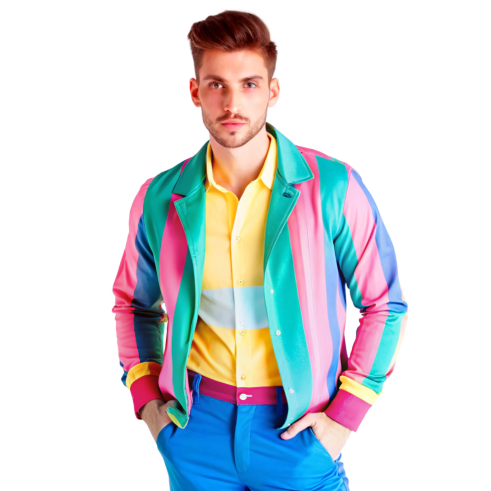 A stylish young man is showcasing a vibrant multicolored outfit png