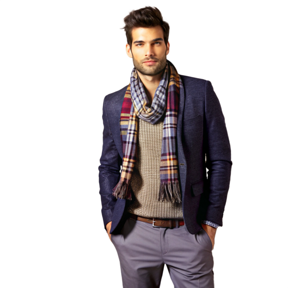 Stylish Man in a Dark Blue Blazer and Plaid Scarf, Posing with Hands in Pockets png