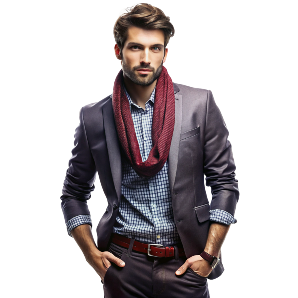 A Handsome Man in a Stylish Gray Suit and Red Scarf png