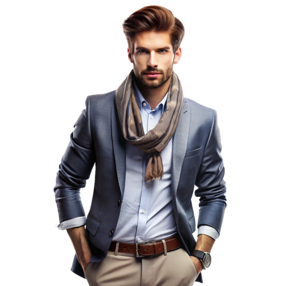 A stylish man in a grey blazer, light blue shirt and brown scarf posing against a black background png
