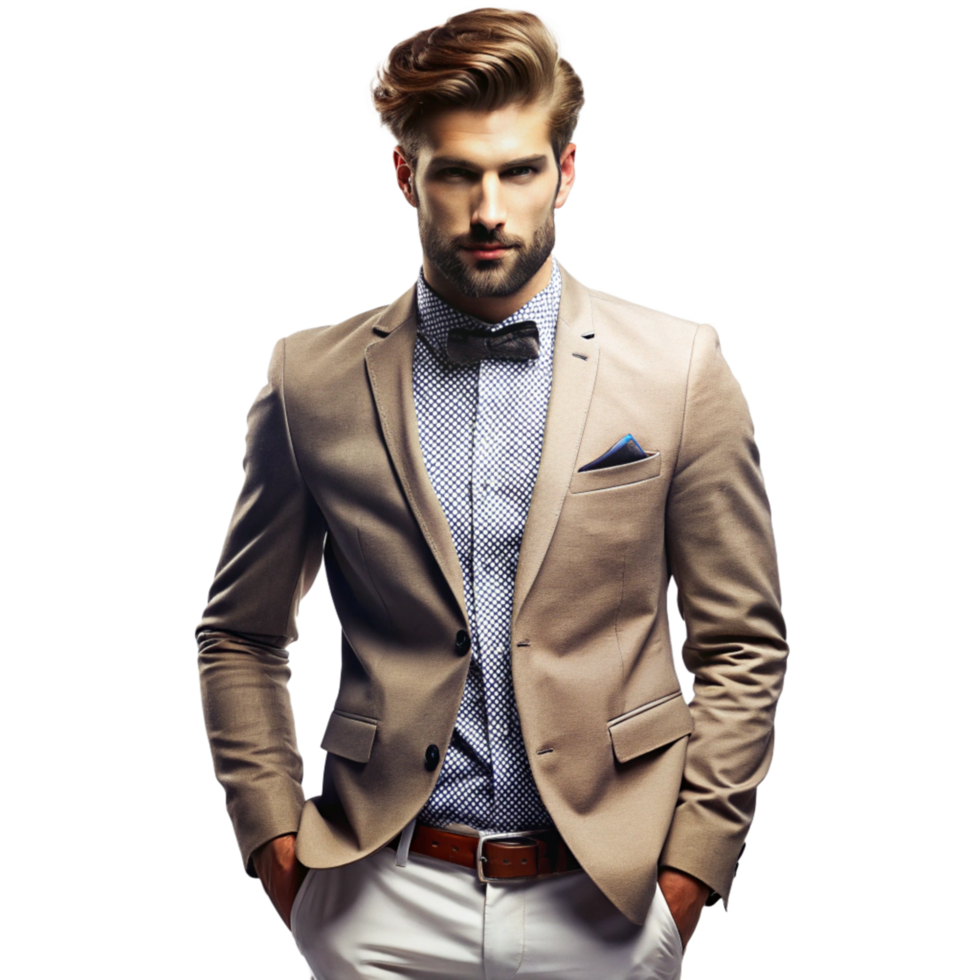 A Handsome Man in a Beige Suit Jacket and White Pants with a Bow Tie png