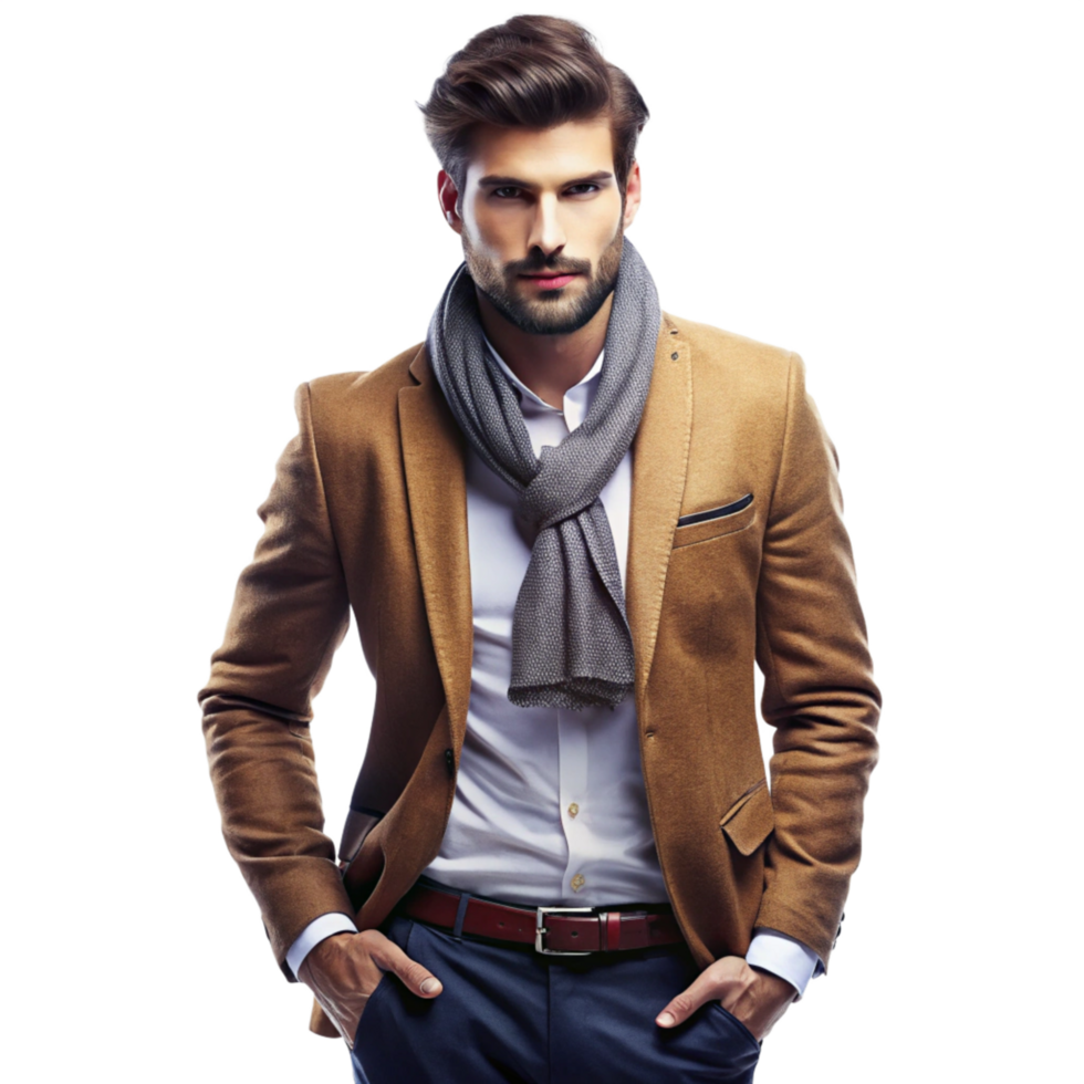 A handsome man in a stylish camel colored blazer and gray scarf png
