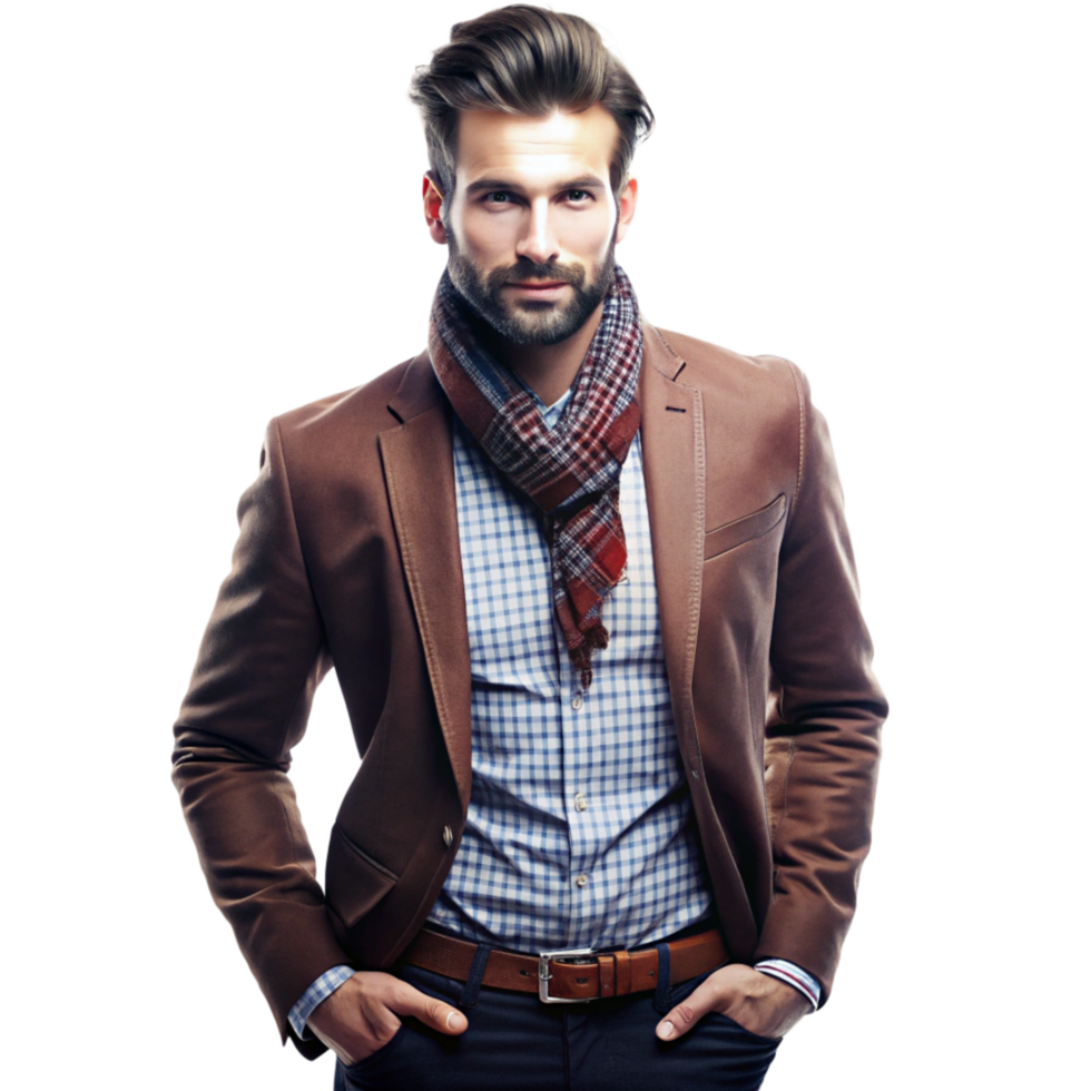 A dashing young man in a brown blazer and blue checkered shirt with a stylish scarf png
