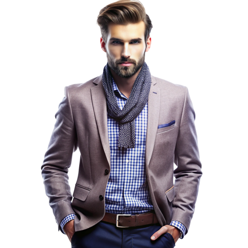 A handsome man in a stylish light brown blazer and blue gingham shirt png