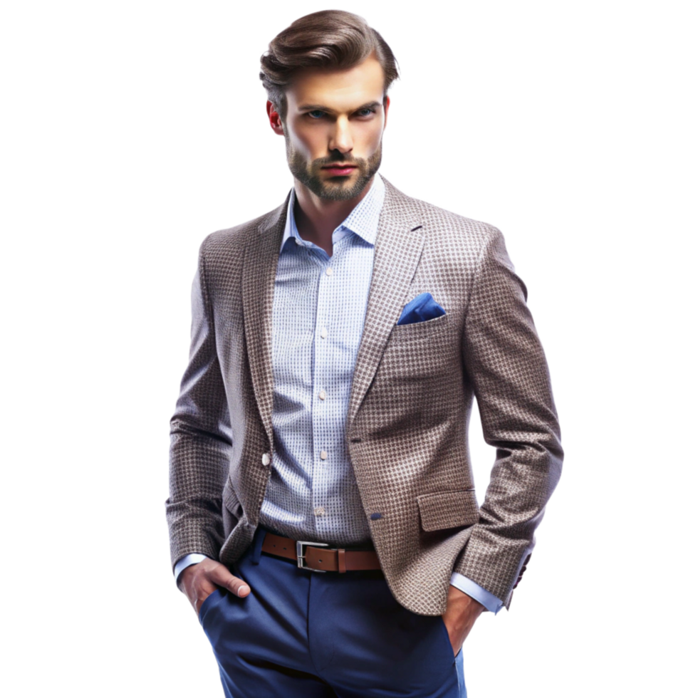 A stylish man in a brown checkered blazer and blue pants, striking a confident pose png