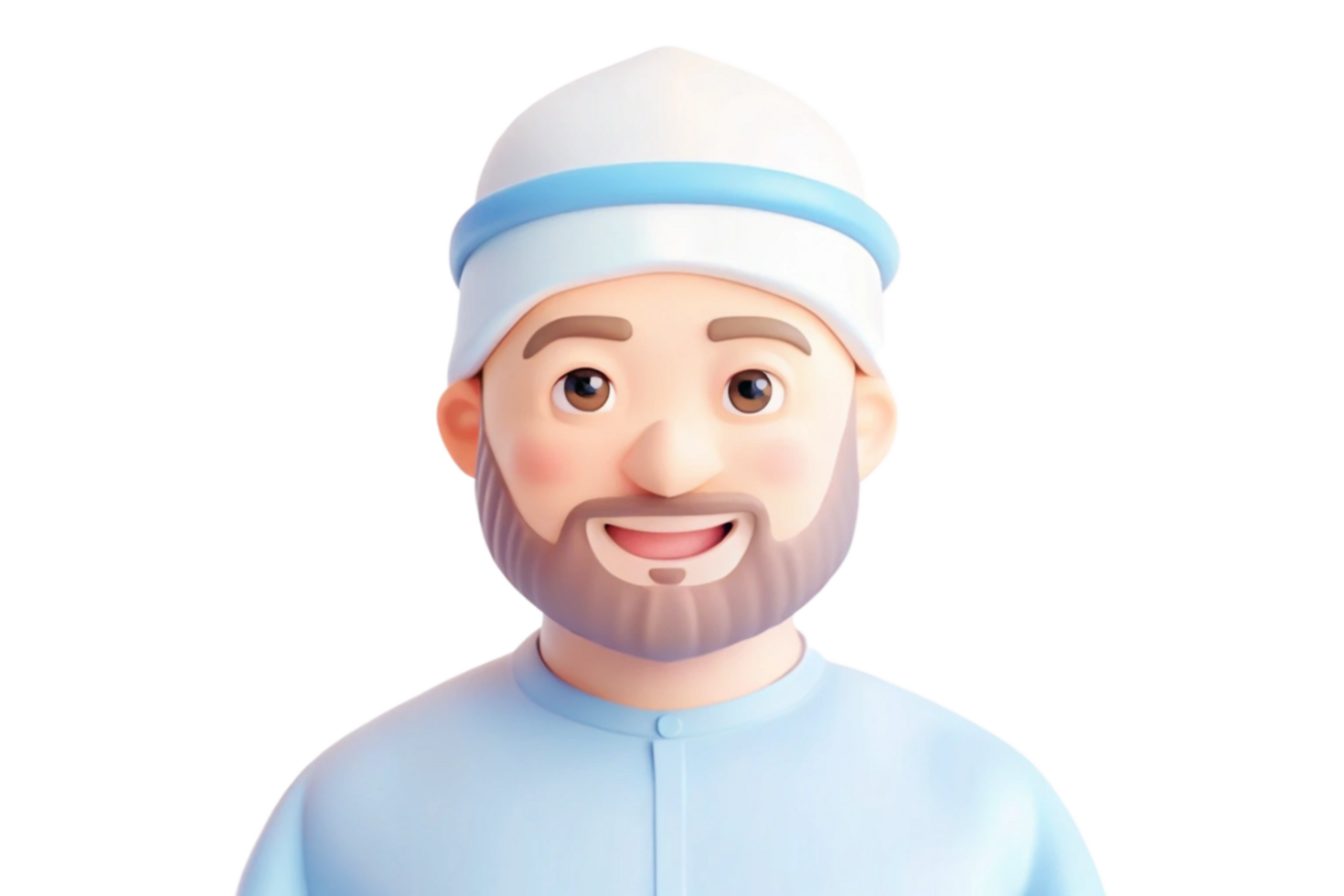Smiling 3D Cartoon Muslim Man with a Beard Wearing a Traditional Taqiyah Hat png