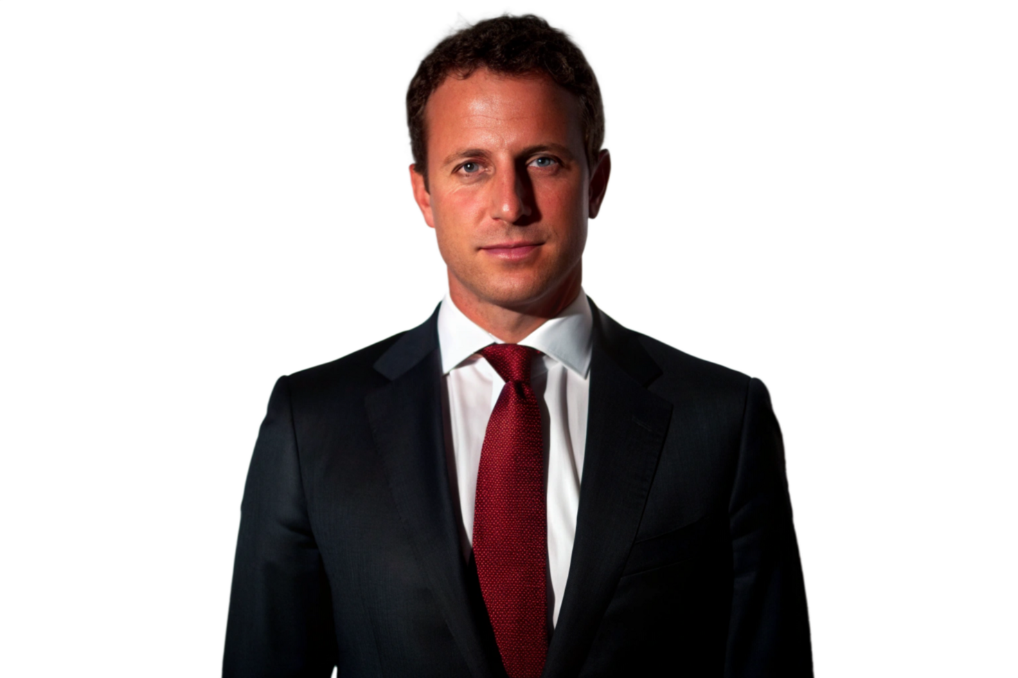 Portrait of a Man in a Dark Suit and Red Tie Against a Black Background png