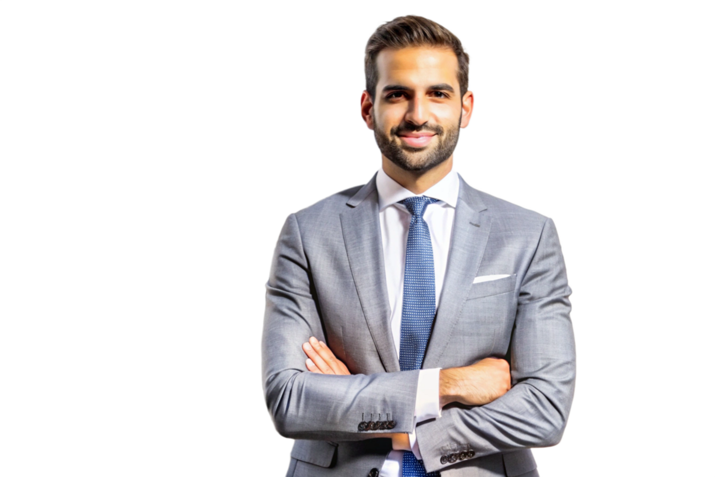 Confident Businessman Portrait in Gray Suit with Arms Crossed Smiling at the Camera png