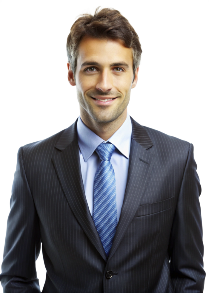 Portrait of a Handsome Smiling Businessman in a Dark Gray Pinstripe Suit and Blue Tie png