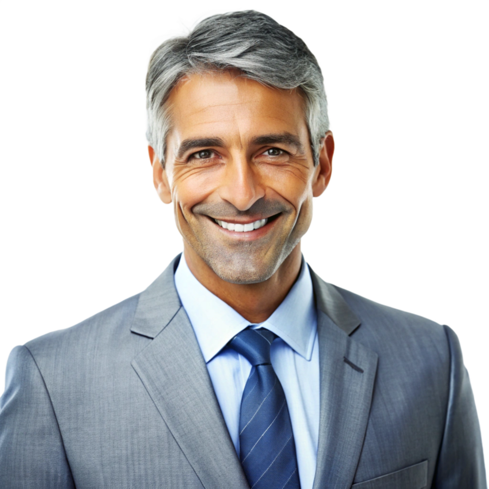 Portrait of a successful and happy middleaged businessman with gray hair wearing a gray suit and blue tie png
