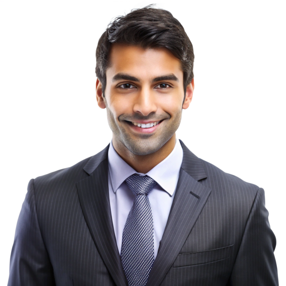 Portrait of a smiling Indian businessman in a pinstripe suit and tie png