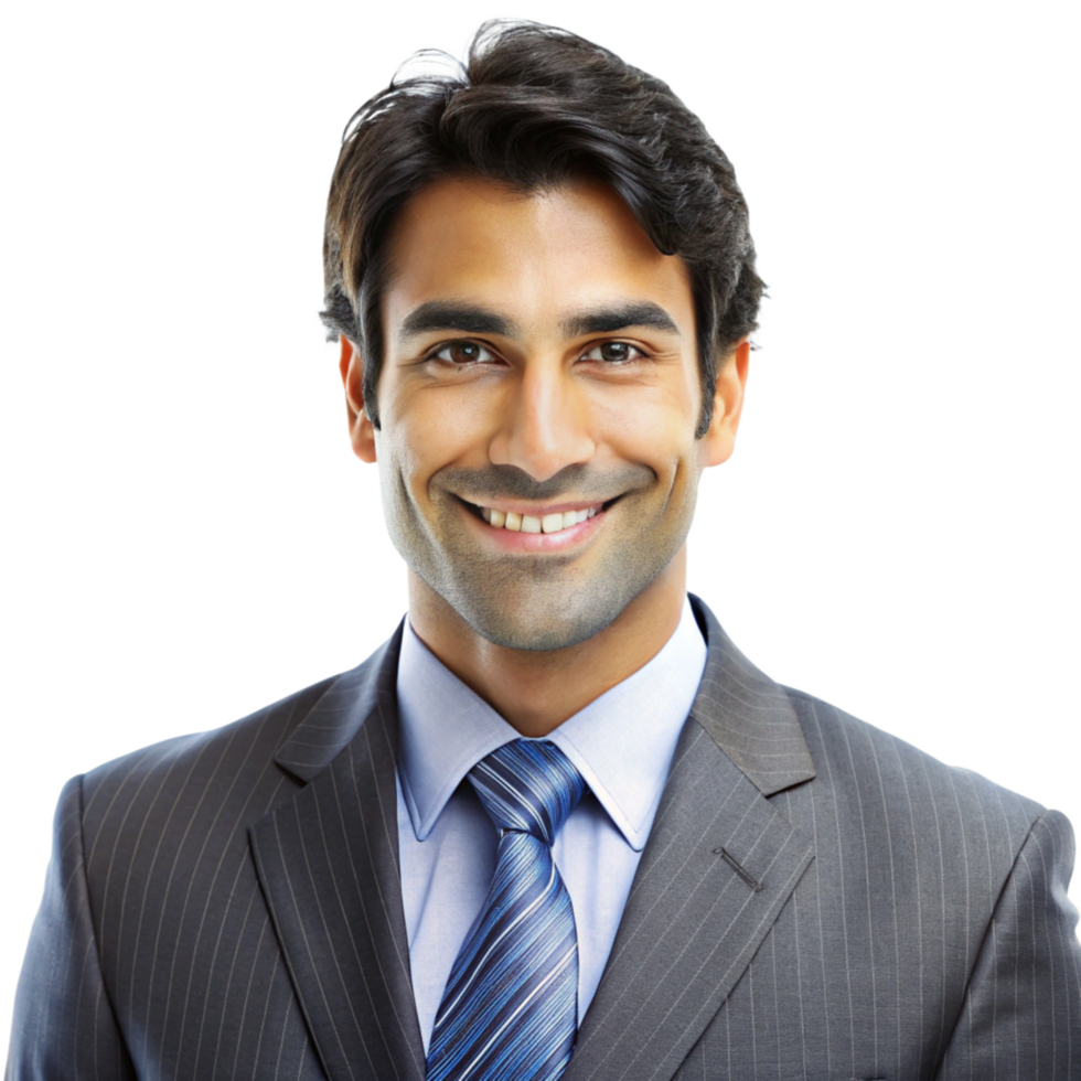 Portrait of a Smiling Confident Indian Businessman in a Gray Pinstripe Suit and Blue Tie png