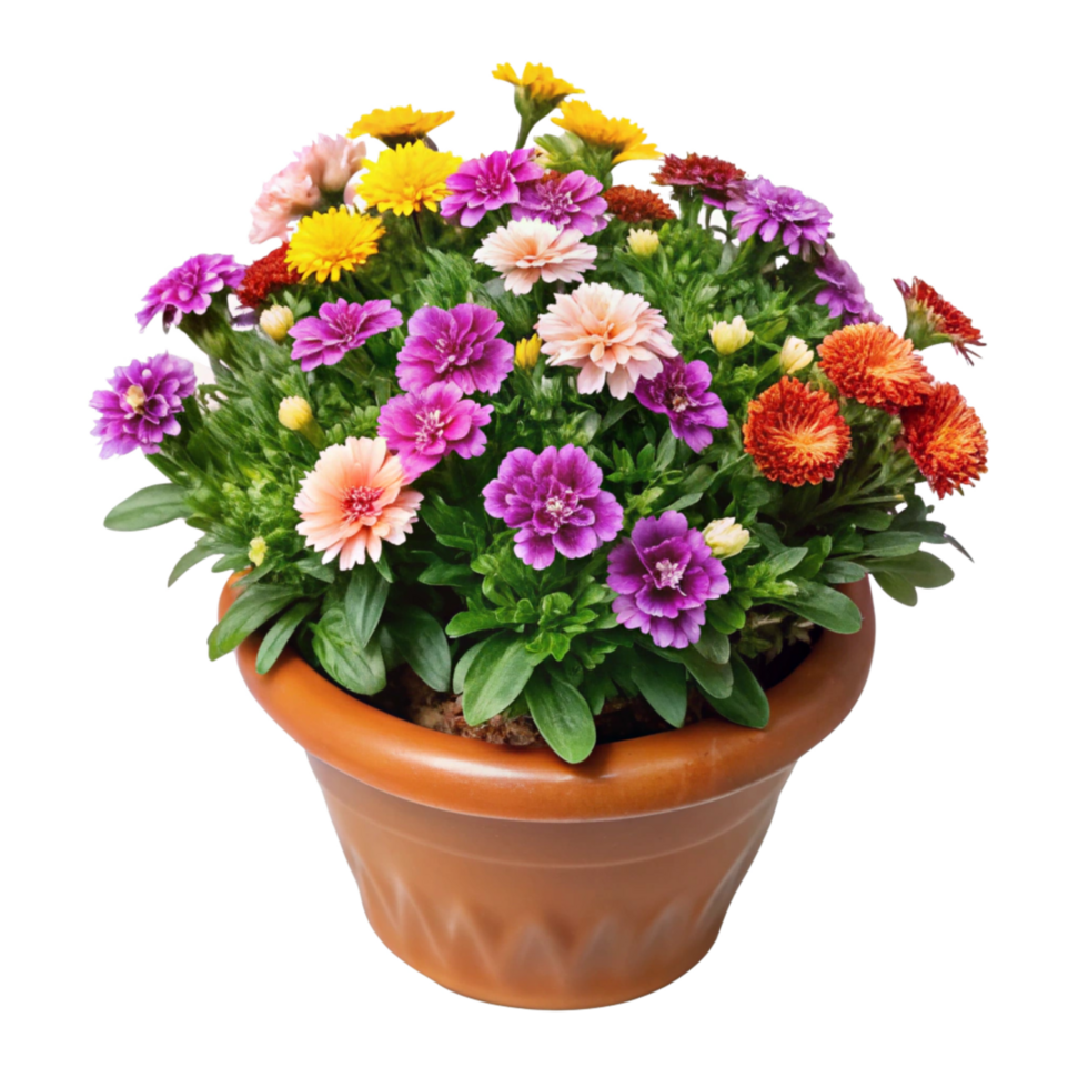 Vibrant Potted Flower Arrangement with Colorful Blooms in Terracotta Pot png