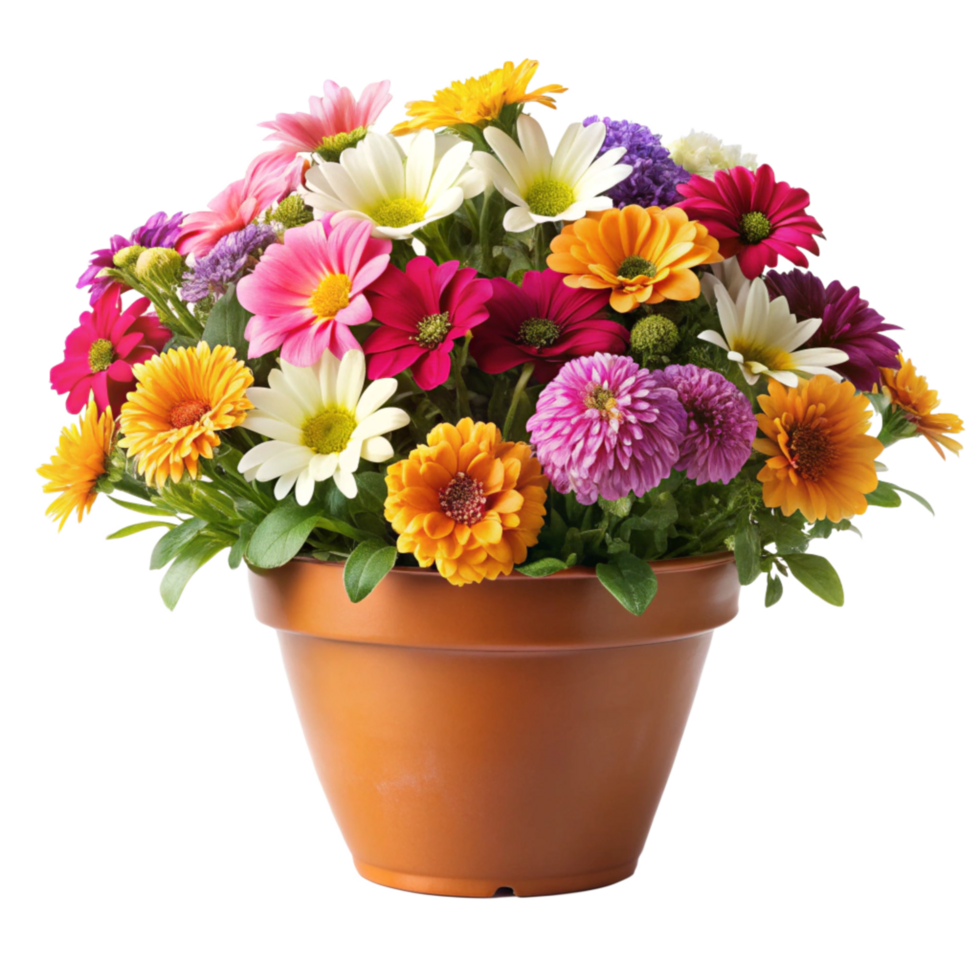 Vibrant and Colorful Flower Arrangement in a Terracotta Pot png