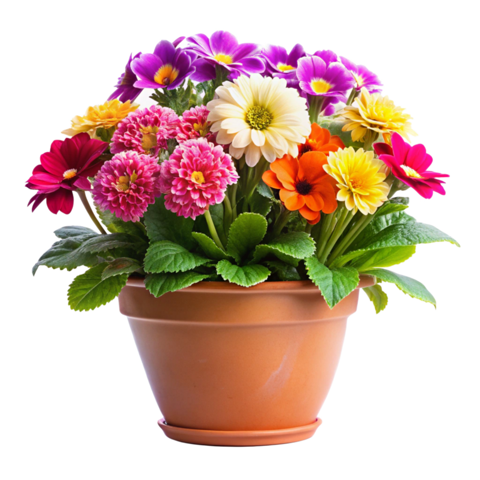 Vibrant Colorful Flowers in Terracotta Pot Springtime Bloom Garden png