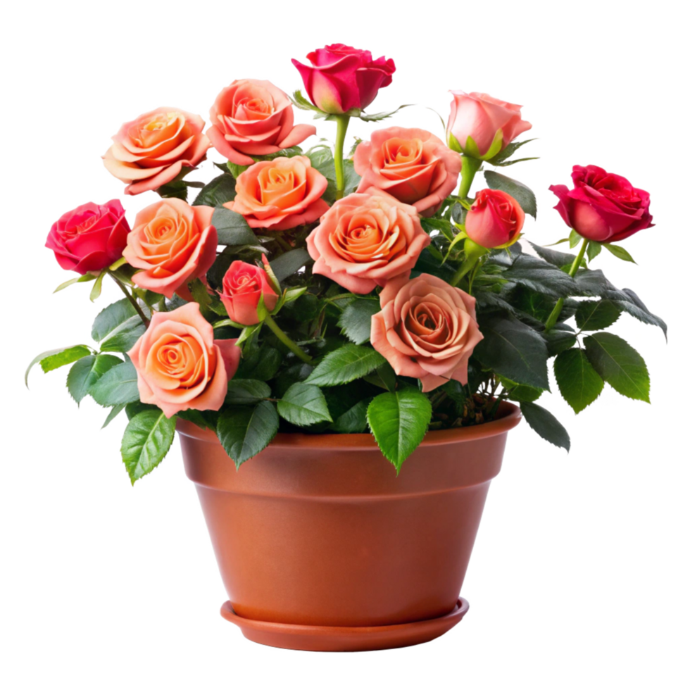 A Lovely Potted Arrangement of Blooming Roses in Terracotta png