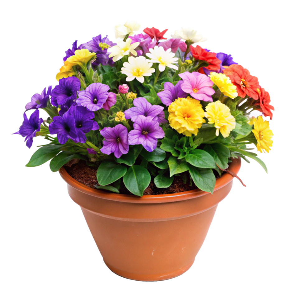 A vibrant mix of colorful flowers in a terracotta pot a beautiful spring or summer garden display png