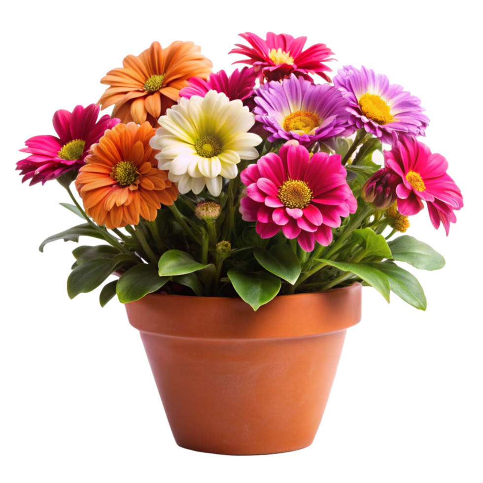 Vibrant Gerbera Daisies in a Terracotta Pot A Colorful Spring or Summer Flower Arrangement png