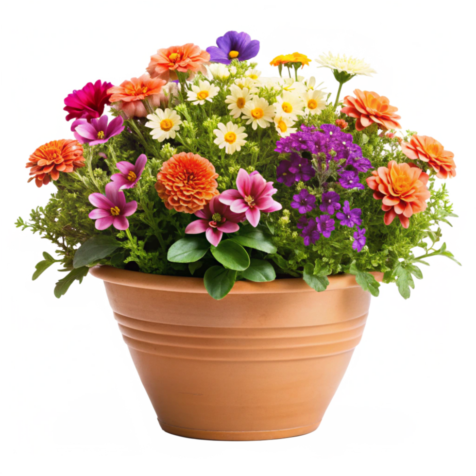Vibrant Colorful Flowers Planted in a Terracotta Pot a Beautiful Springtime or Summer Garden Scene png