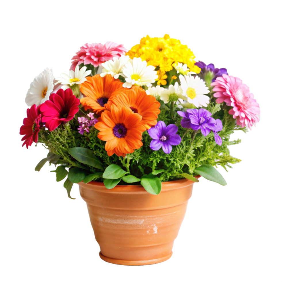 Vibrant Spring Flower Arrangement in Terracotta Pot A Colorful Bouquet of Gerbera Daisies and Other Blooms png