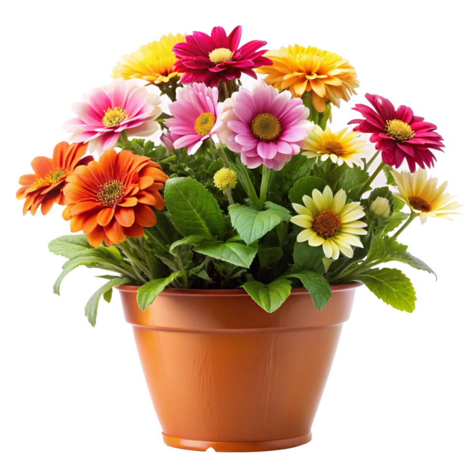Vibrant Gerbera Daisies in a Terracotta Pot A Colorful Springtime Flower Arrangement png