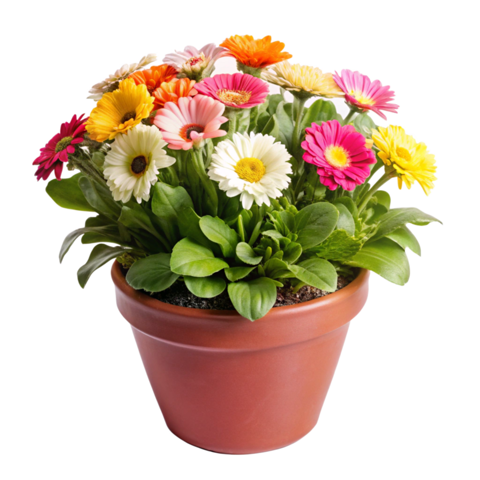 Vibrant Gerbera Daisy Flowers in a Terracotta Pot A Colorful Spring or Summer Bouquet png
