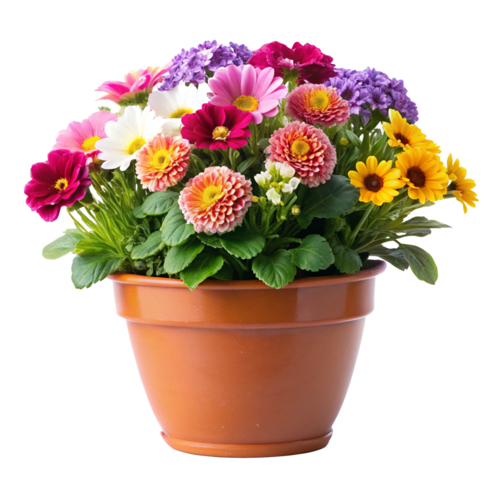 Vibrant Spring Flower Arrangement in Terracotta Pot A Stunning Display of Colorful Blooms png