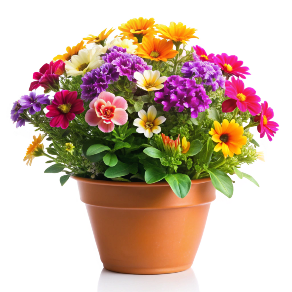 Vibrant Colorful Flowers in a Terracotta Pot A Delightful Spring or Summer Bouquet png