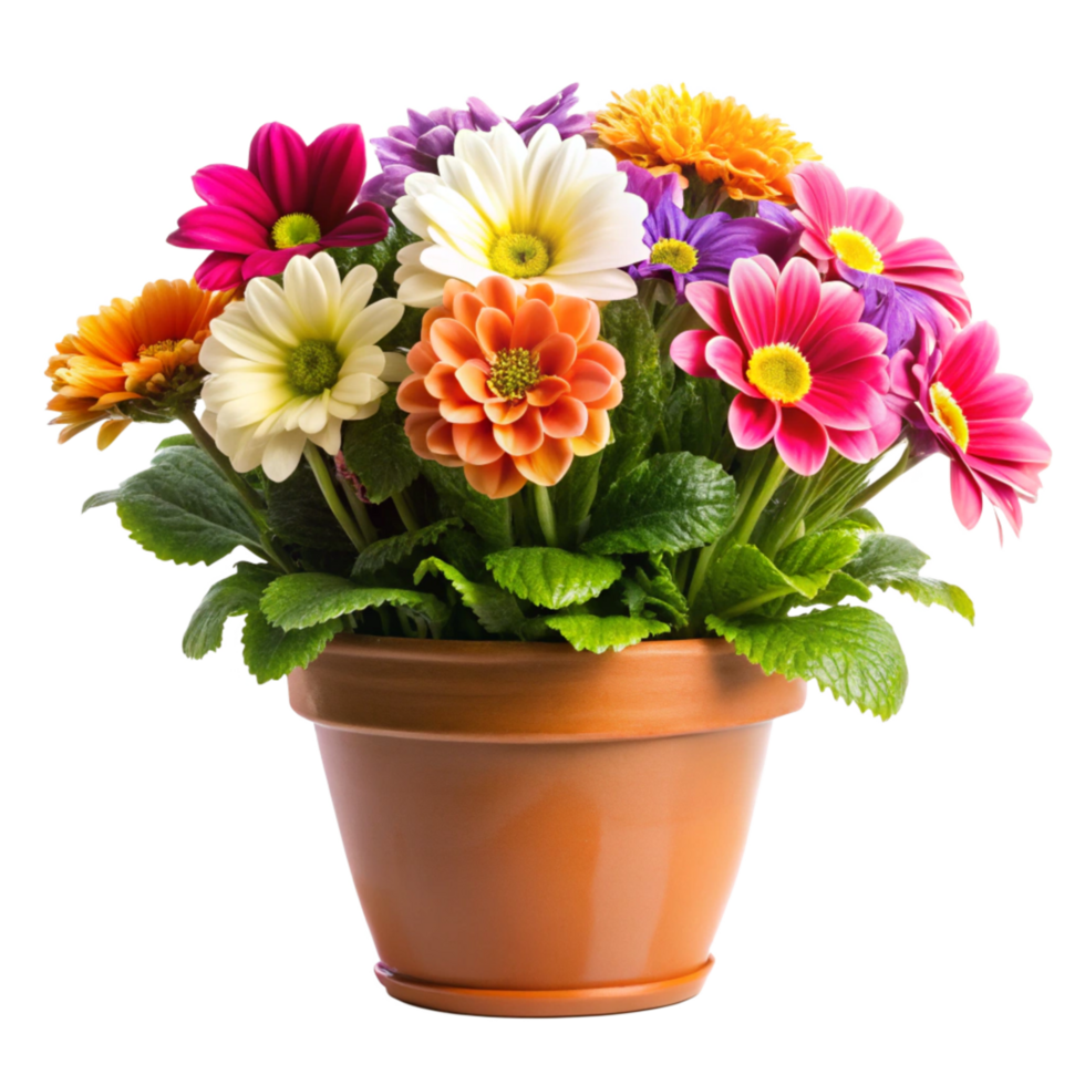 Vibrant Colorful Flower Bouquet in Terracotta Pot A Delightful Spring or Summer Arrangement png
