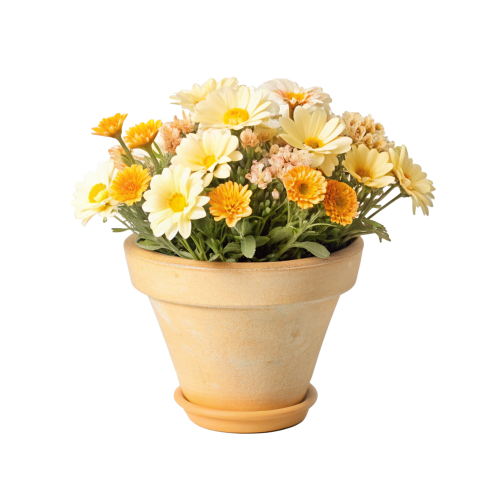 Beautiful bouquet of yellow and orange flowers in a terracotta pot png